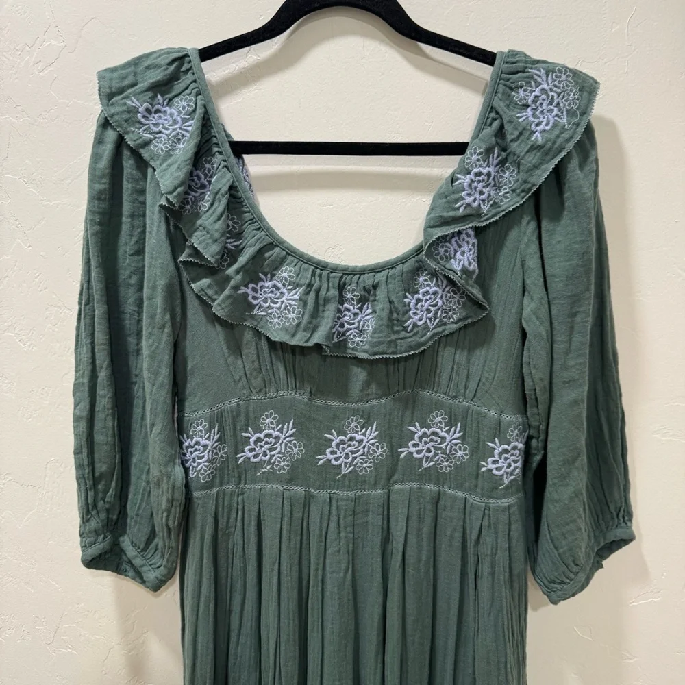 NWT Free People Lovers Lane Maxi Dress Green Blue Embroidered Ruffle Medium - Picture 3 of 13